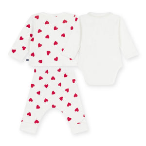 Petit Bateau Heart Cardigan, Pants & l/s Collared Onesie Set ~ White/Red