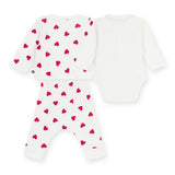 Petit Bateau Heart Cardigan, Pants & l/s Collared Onesie Set ~ White/Red