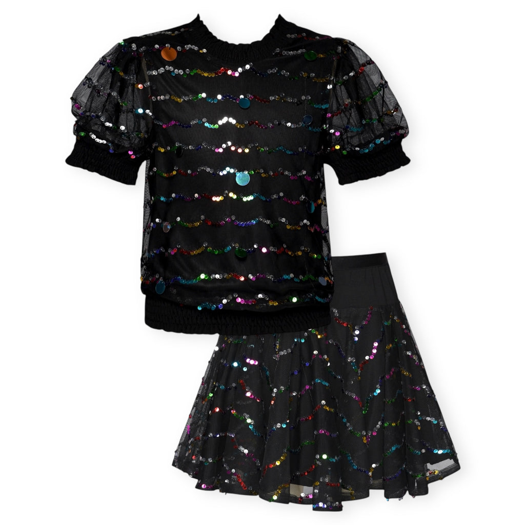 Hannah Banana Colorful Sequin Mesh Top & Circle Skirt Set 7-12 ~ Black Multi