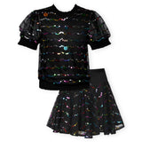 Hannah Banana Colorful Sequin Mesh Top & Circle Skirt Set ~ Black Multi