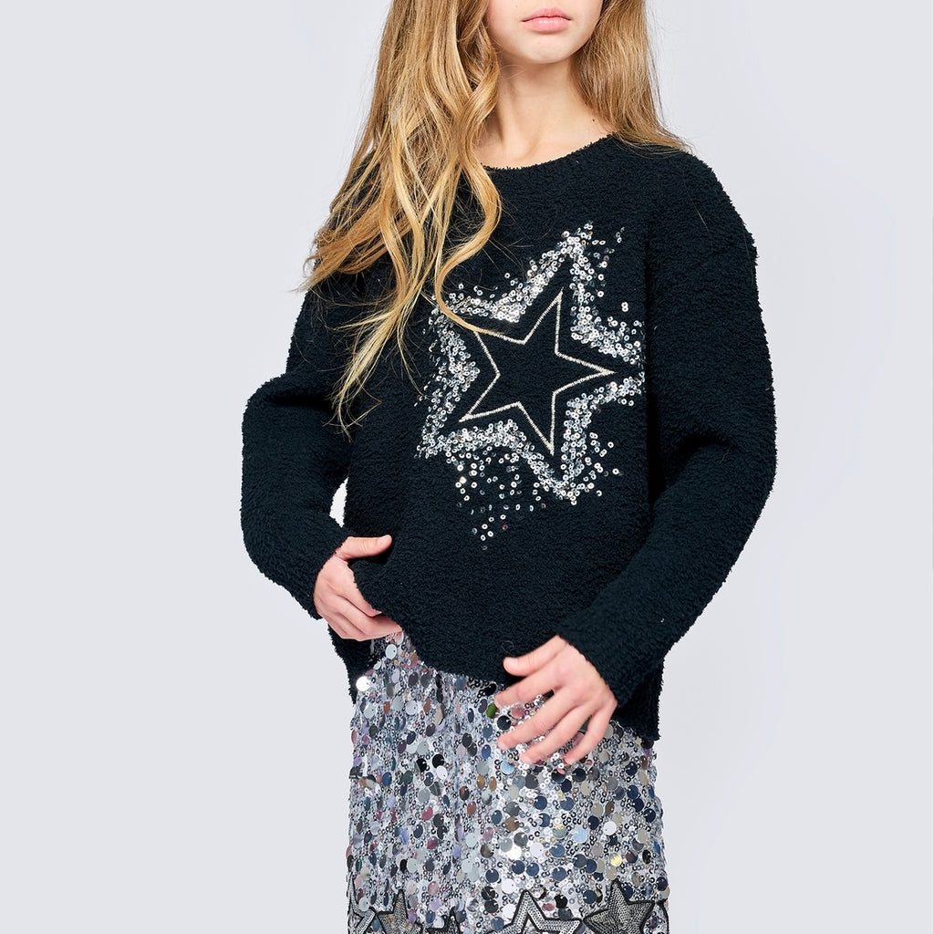 Hannah Banana Embroidered Star Knit Sweater & Sequin Star Mini Skirt Set 7-12 ~ Black/Silver