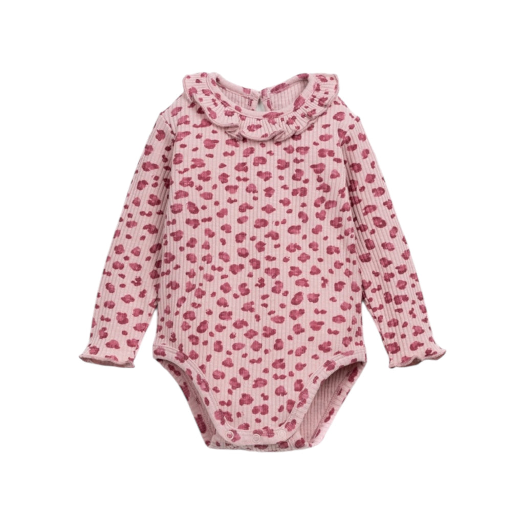 Play Up Baby Ribbed Ruffle Collar l/s Onesie & Denim Overalls Set ~ Rose Leopard