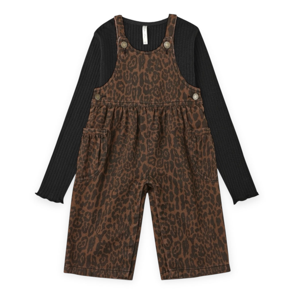 Rylee + Cru Girls Ribbed l/s Top & Wide Leg Overalls Set ~ Black/Leopard