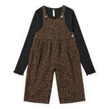 Rylee + Cru Girls Ribbed l/s Top & Wide Leg Overalls Set ~ Black/Leopard