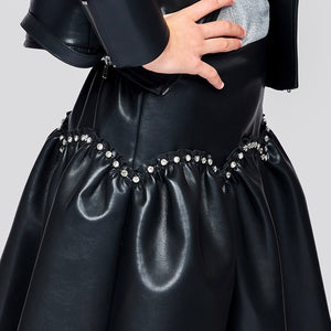 Hannah Banana Faux Leather Rhinestone Skirt ~ Black