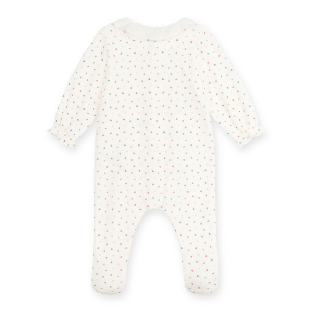 Petit Bateau Velour Front Snap Multi Heart Footie w/ Ruffle Collar ~ White Multi