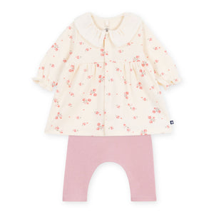 Petit Bateau l/s Ruffle Collar Floral Dress w/ Leggings ~ Cream/Pink