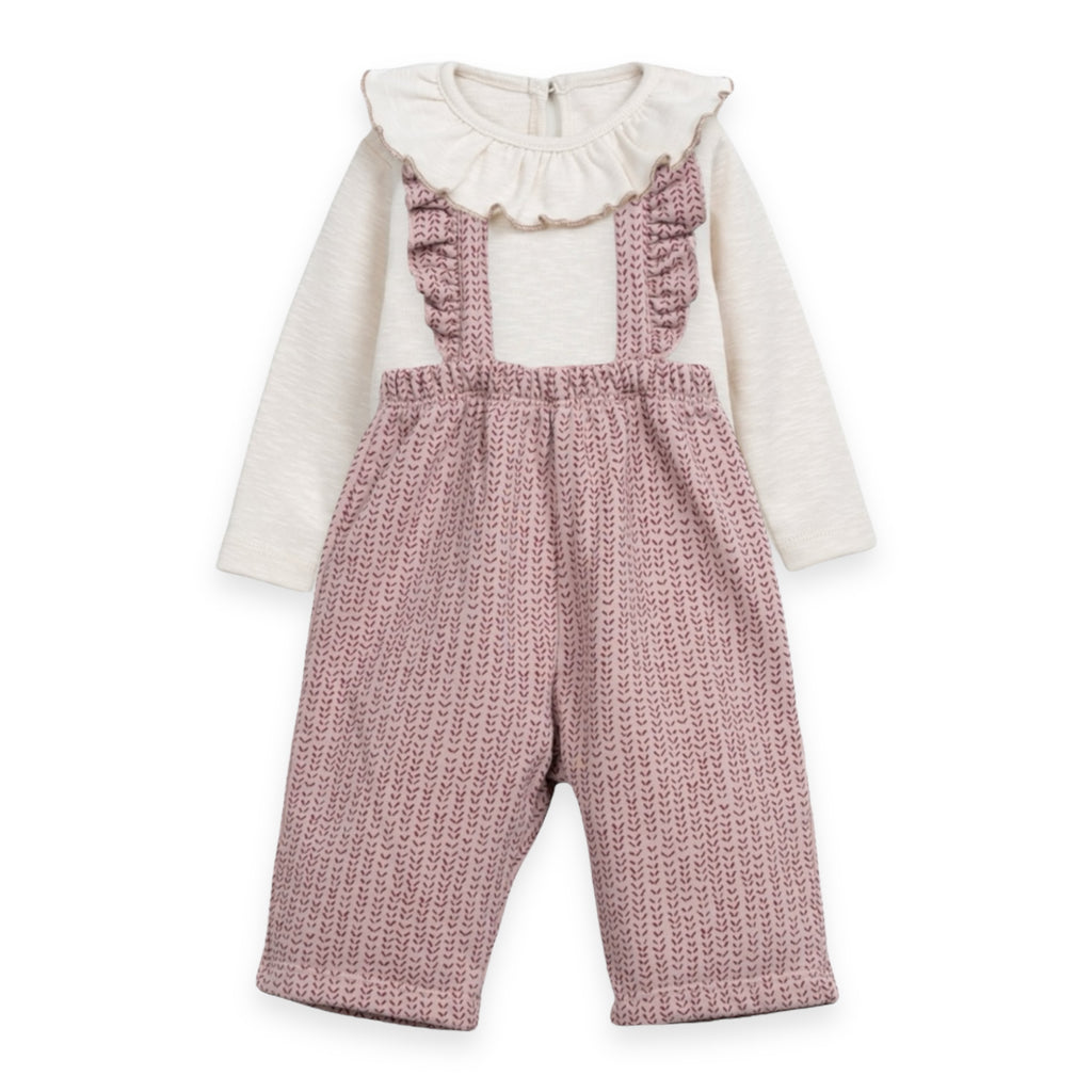 Play Up Baby Ruffle Collar Onesie & Printed Fleece Ruffle Overalls Set ~ Rose/Natural