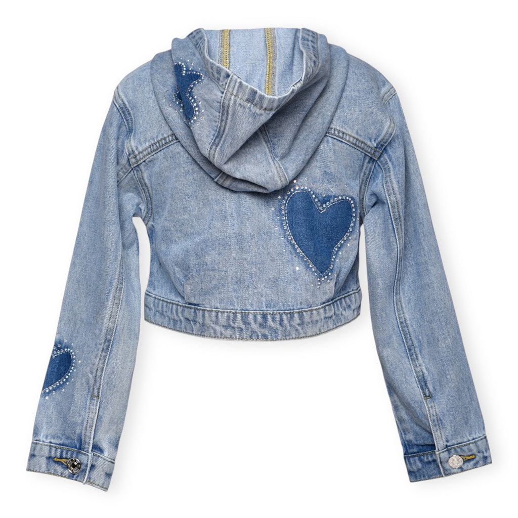Hannah Banana Rhinestone Shadow Heart & Flower Hooded Denim Jacket ~ Stonewash