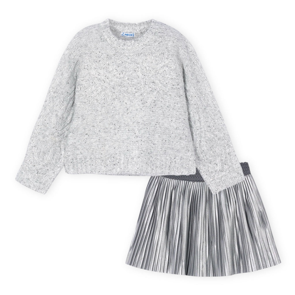 Mayoral Girls Knit Sweater w/ Sequins & Pleated Faux Leather Skirt Set ~ Silver