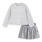 Mayoral Girls Knit Sweater w/ Sequins & Pleated Faux Leather Skirt Set ~ Silver