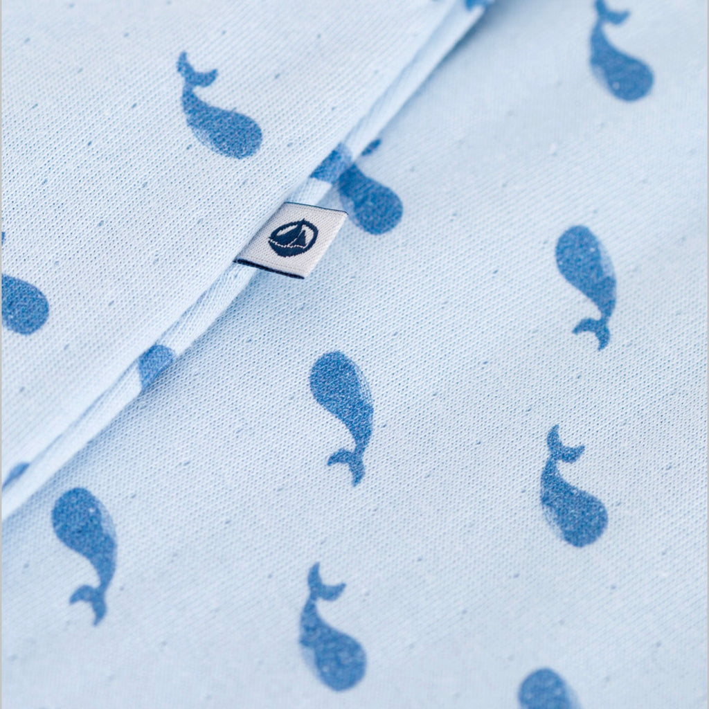 Petit Bateau Front Snap Whale Print Footie w/ With Attached Bodysuit ~ Blue