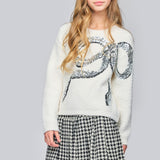 Hannah Banana Knit Sequin Bow Sweater & Houndstooth Tweed Skort Set 7-12 ~ Ivory/Black