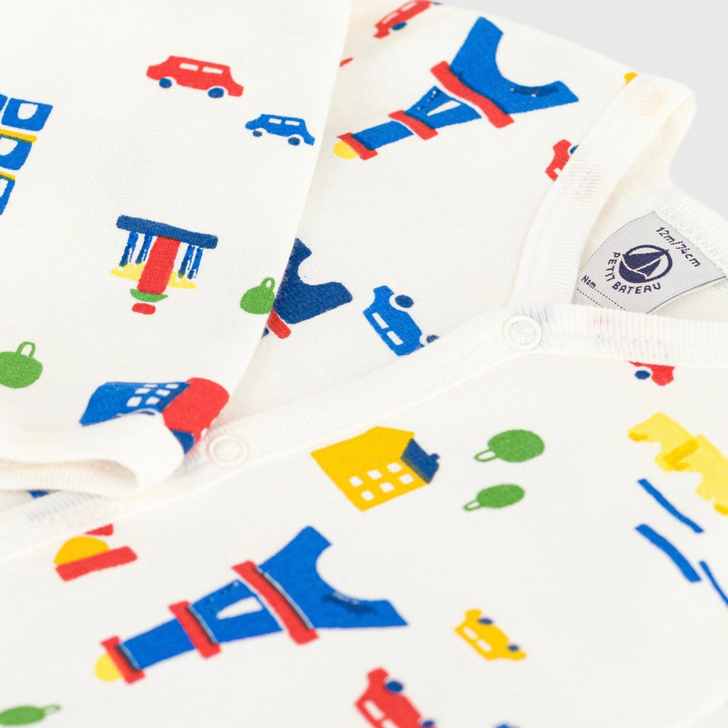 Petit Bateau Front Snap Parisian Town Print Brushed Fleece Footie ~ White Multi