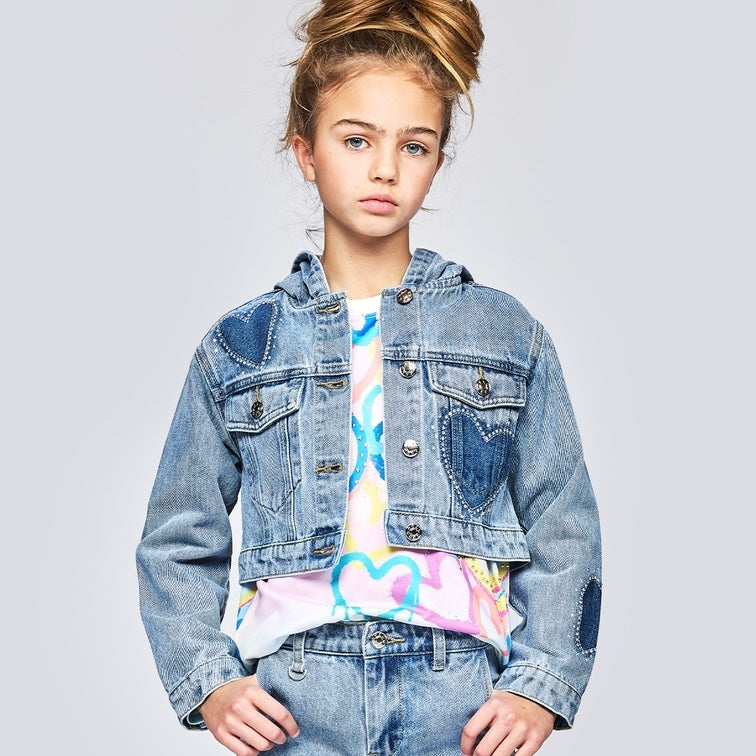Hannah Banana Rhinestone Shadow Heart & Flower Hooded Denim Jacket ~ Stonewash
