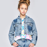 Hannah Banana Rhinestone Shadow Heart & Flower Hooded Denim Jacket ~ Stonewash