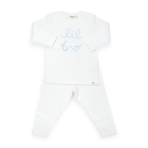 Oh Baby! "Lil Bro" Embroidered 2pc Set ~ Cream/Sky Blue