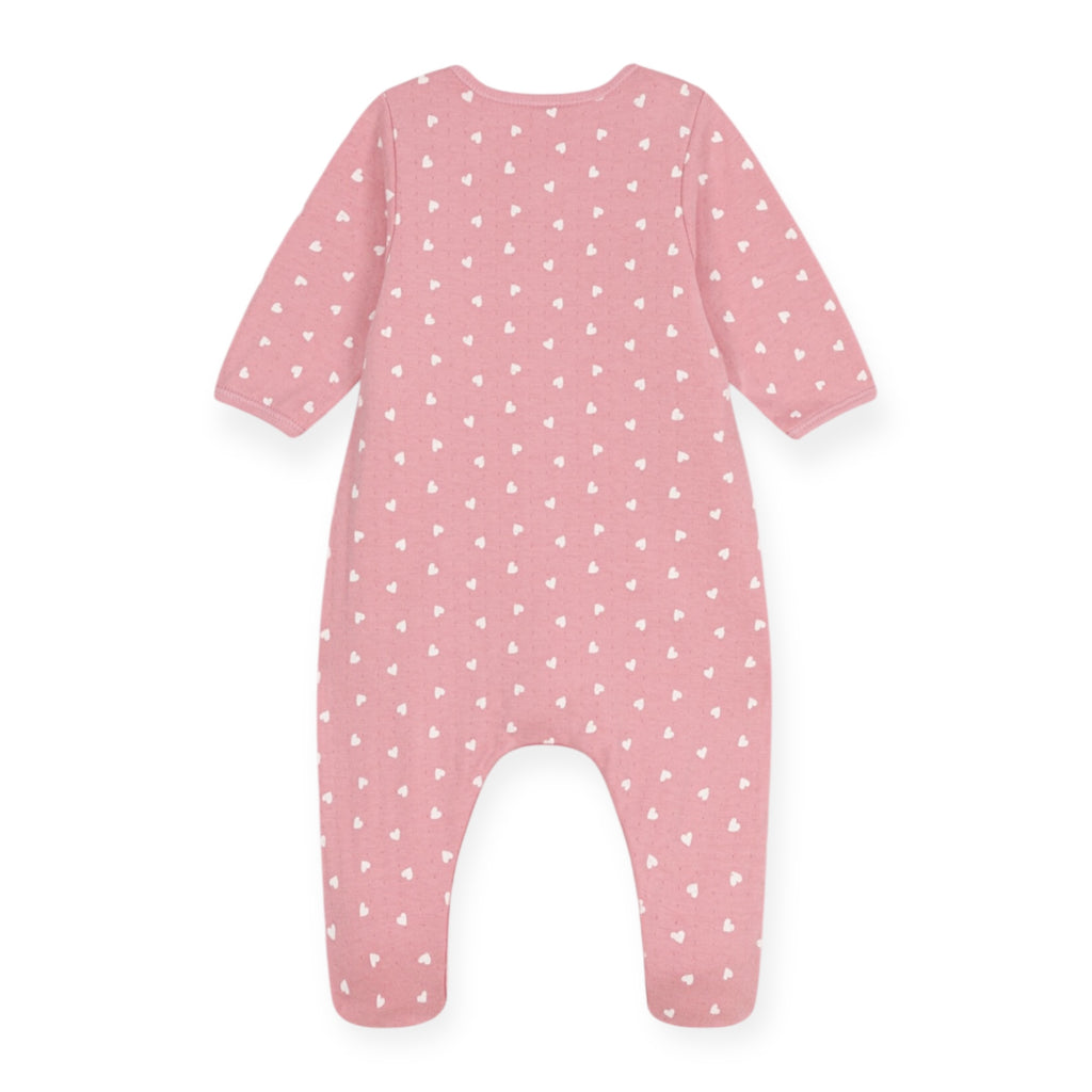 Petit Bateau Front Snap Heart Print Footie w/ Attached Bodysuit ~ Pink/White