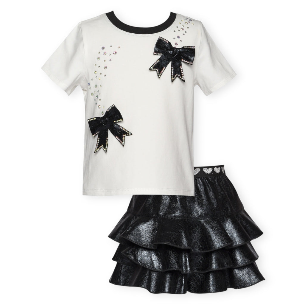 Baby Sara Faux Leather Bows Top & Ruffle Tiered Skirt Set 7-12 ~ White/Black