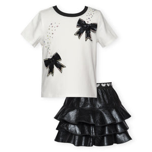 Baby Sara Faux Leather Bows Top & Ruffle Tiered Skirt Set 7-12 ~ White/Black