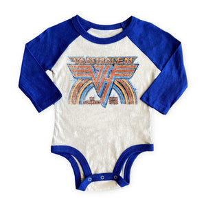 Rowdy Sprout Van Halen 1980 l/s Raglan Onesie ~ Vintage White/Royal