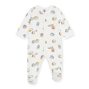 Petit Bateau Front Snap French Breakfast Print Footie ~ White Multi