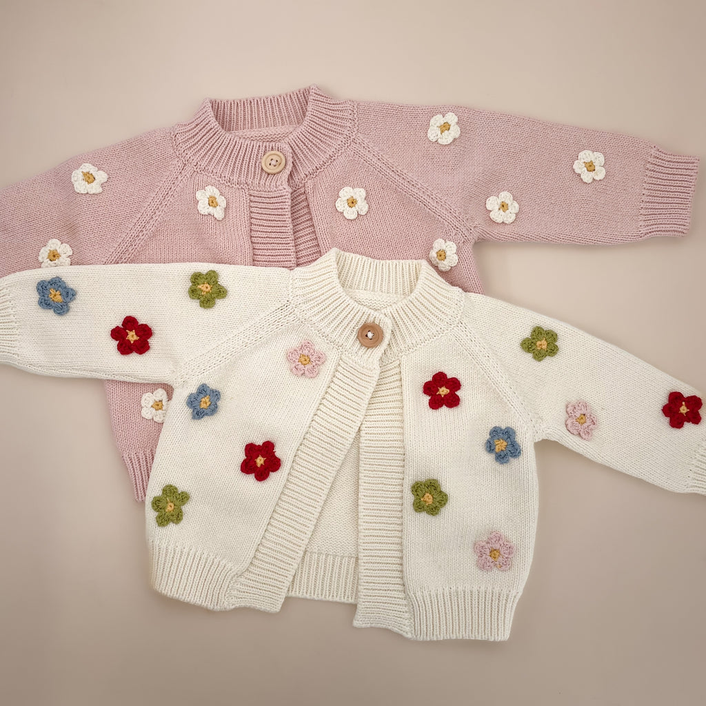 The Blueberry Hill Cotton Knit Flowers Cardigan ~ Cream/Multi