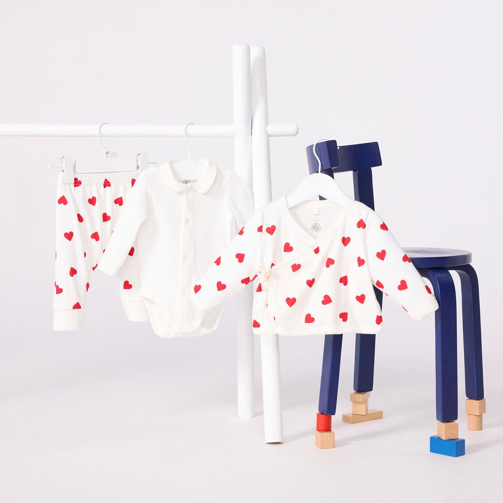 Petit Bateau Heart Cardigan, Pants & l/s Collared Onesie Set ~ White/Red