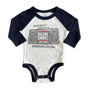 Rowdy Sprout Run DMC Rock Box l/s Raglan Onesie ~ Vintage White/Black