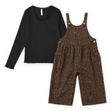 Rylee + Cru Girls Ribbed l/s Top & Wide Leg Overalls Set ~ Black/Leopard