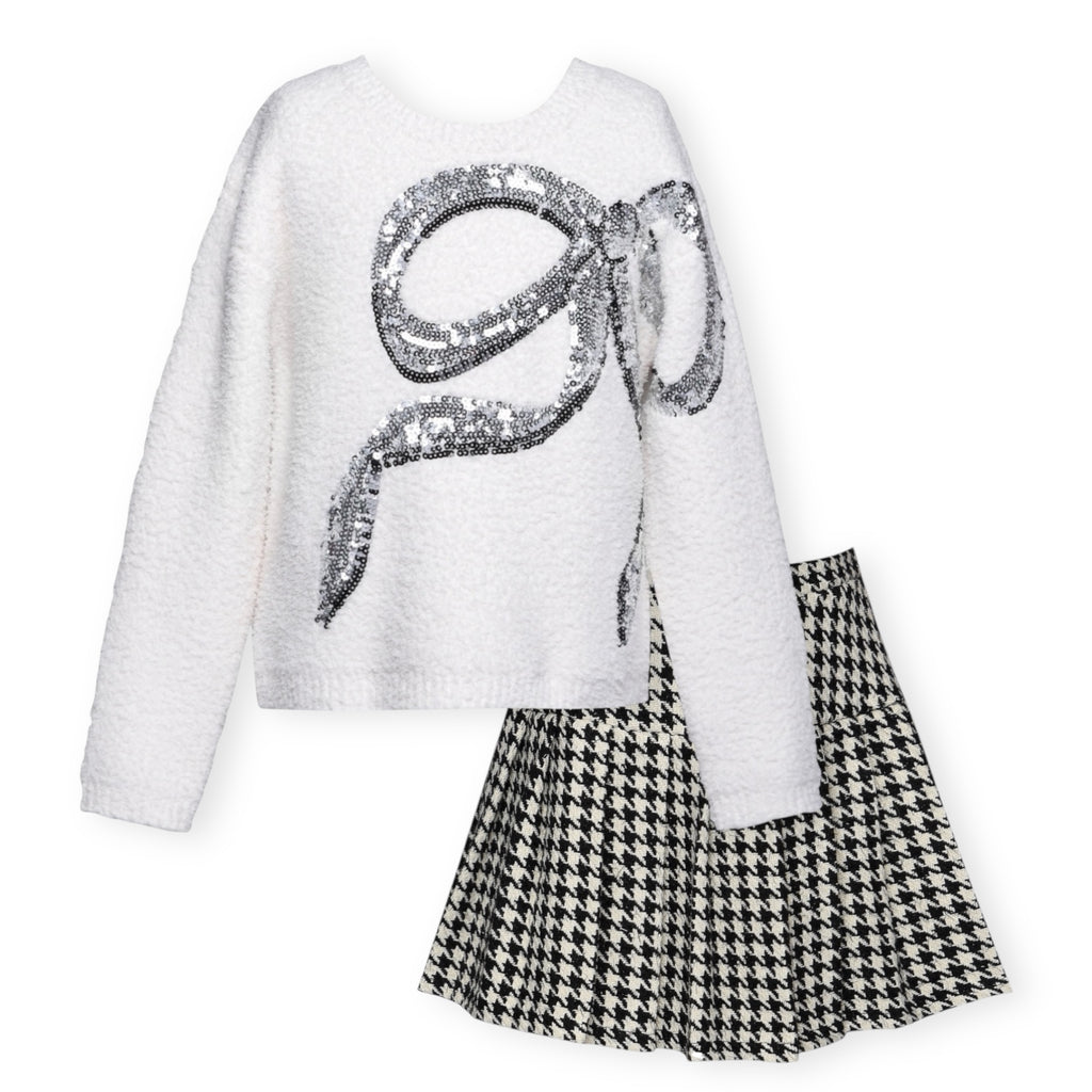 Hannah Banana Knit Sequin Bow Sweater & Houndstooth Tweed Skort Set 7-12 ~ Ivory/Black