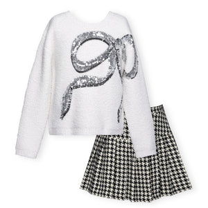 Hannah Banana Knit Sequin Bow Sweater & Houndstooth Tweed Skort Set 7-12 ~ Ivory/Black