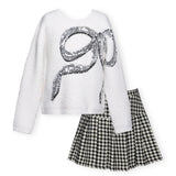 Hannah Banana Knit Sequin Bow Sweater & Houndstooth Tweed Skort Set 7-12 ~ Ivory/Black