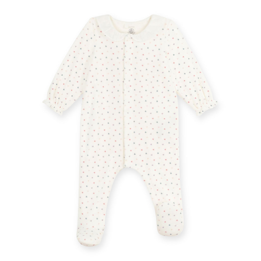 Petit Bateau Velour Front Snap Multi Heart Footie w/ Ruffle Collar ~ White Multi