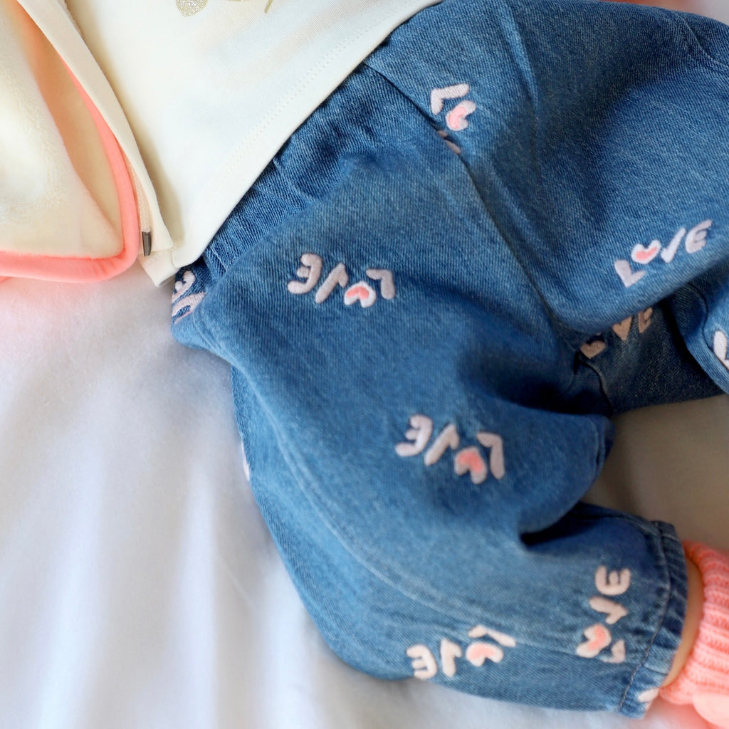 Billieblush Baby Love l/s T-Shirt w/ Ruffle & Embroidered Denim Pants Set ~ Pink/Blue