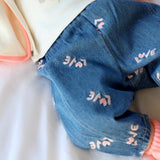 Billieblush Baby Love l/s T-Shirt w/ Ruffle & Embroidered Denim Pants Set ~ Pink/Blue