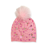 Bari Lynn Shimmer Heart Hat w/ Jewels & Fur Pom