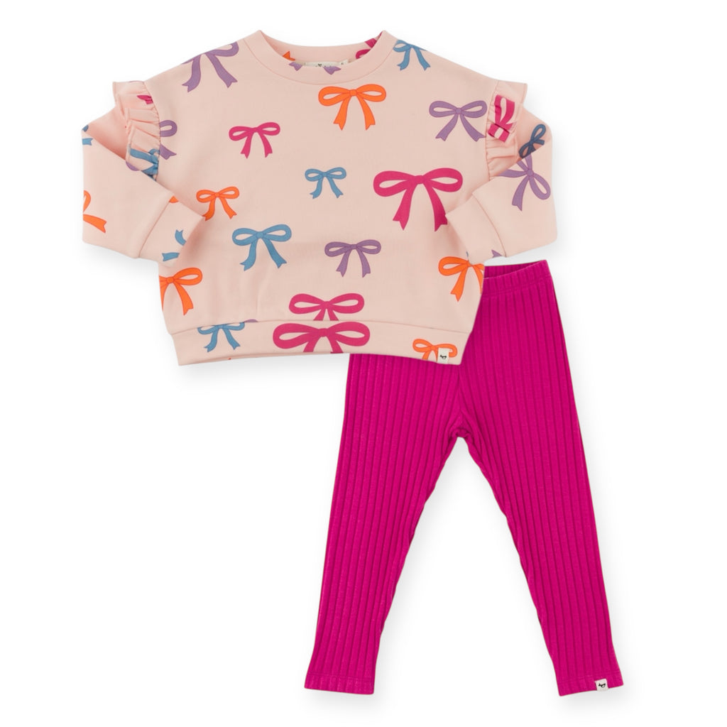 Oh Baby! Multi Bright Bows Ruffle Sweatshirt & Wide Ribbed Leggings Set ~ Barely Pink/Hot Pink