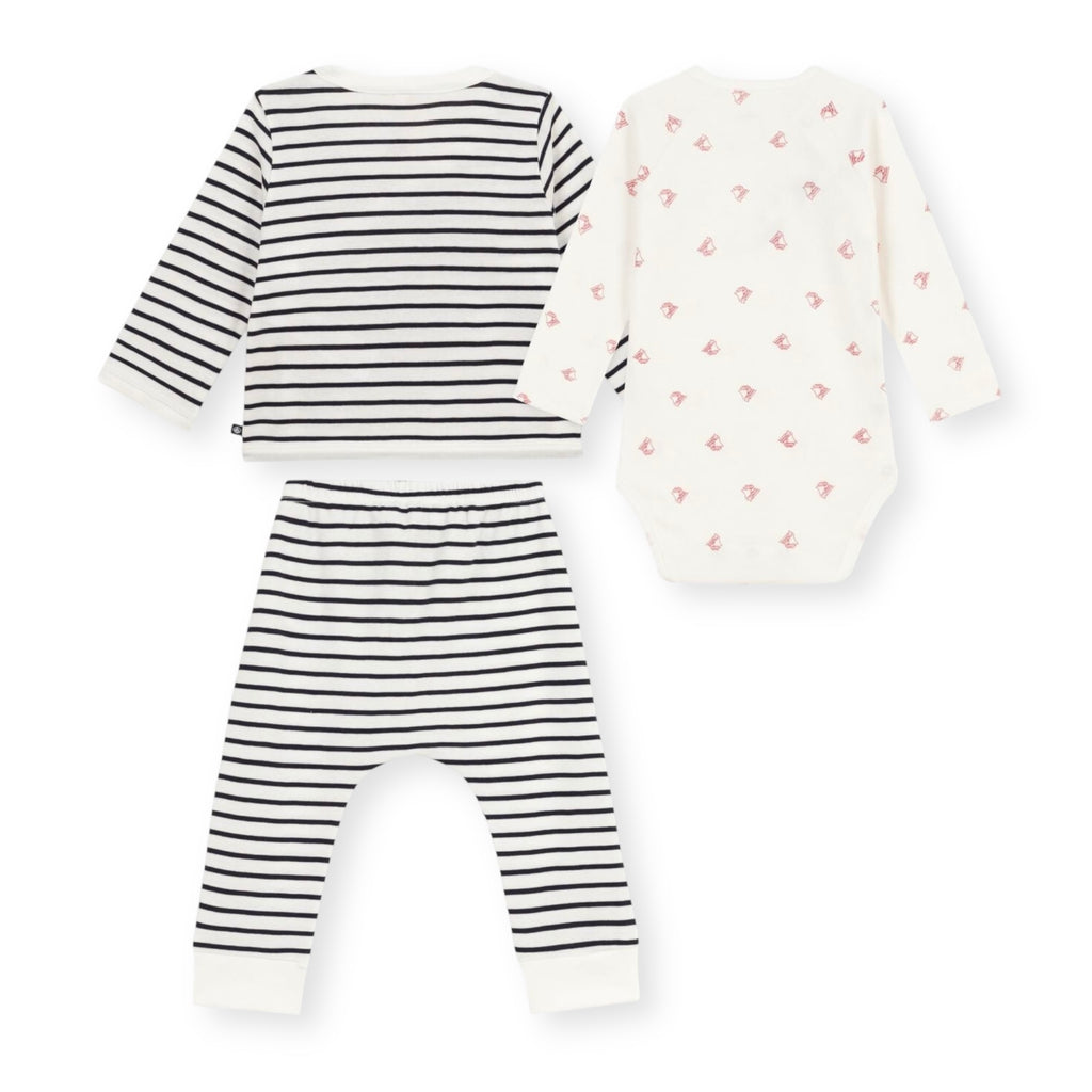 Petit Bateau Striped Cardigan, Pants & Boat Print Onesie Set ~ White/Navy