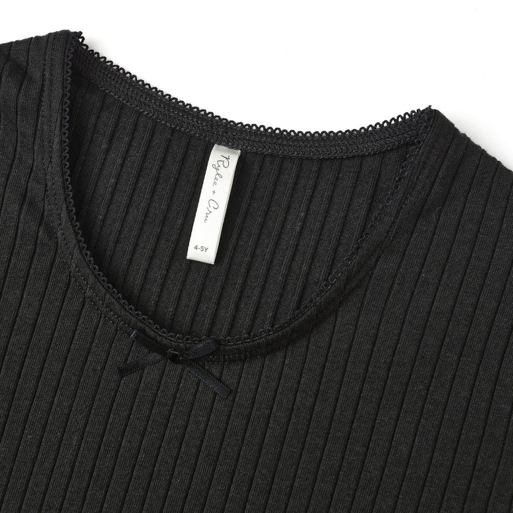 Rylee + Cru Girls Ribbed l/s Top & Wide Leg Overalls Set ~ Black/Leopard