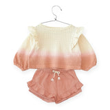 Play Up Baby Jacquard l/s Top & Linen Ruffle Shorts Set ~ Natural/Rose