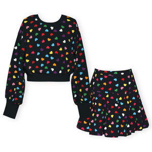 Hannah Banana All Over Heart Print Sweatshirt & Skort Set 7-12 ~ Black Multi