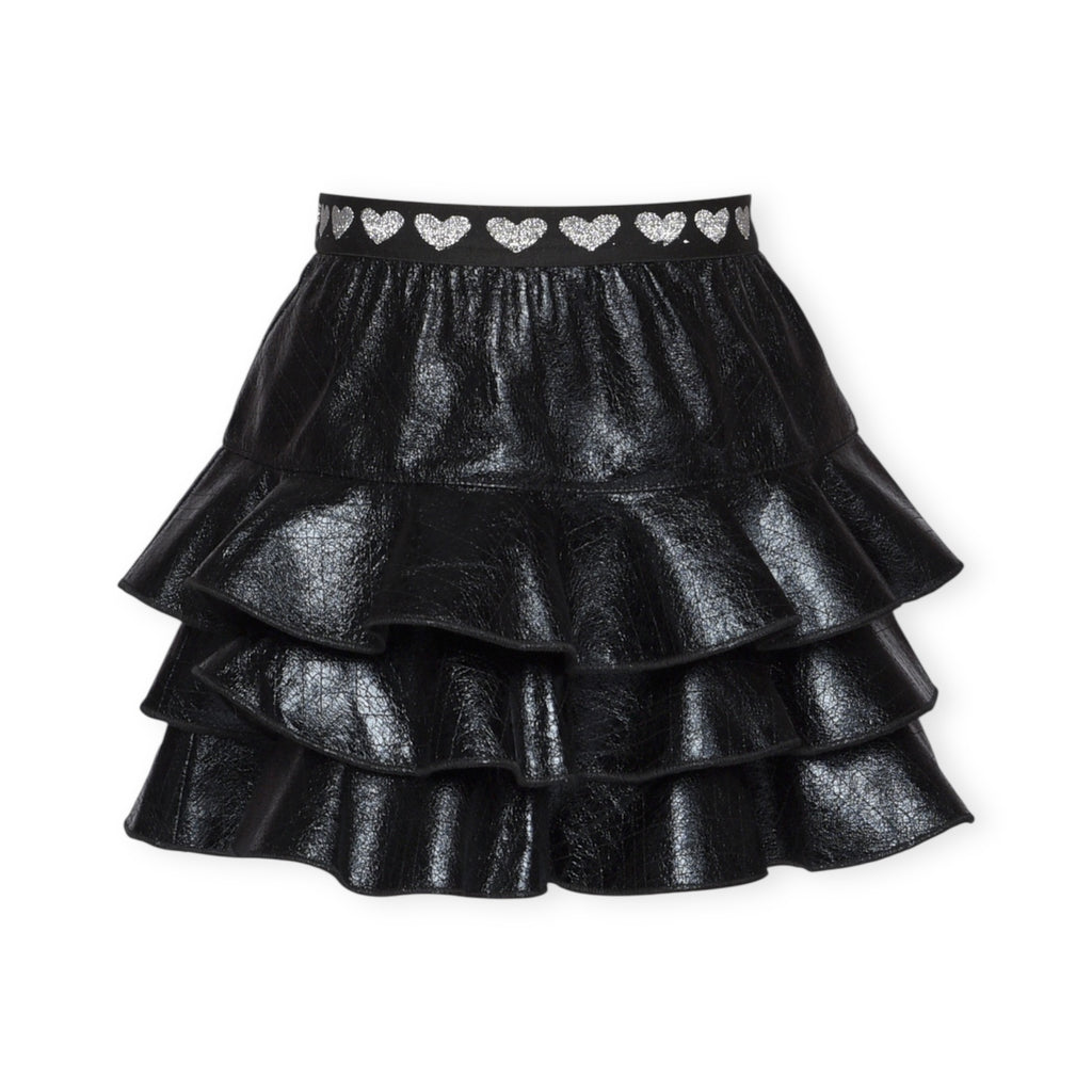Baby Sara Faux Leather Bows Top & Ruffle Tiered Skirt Set 7-12 ~ White/Black