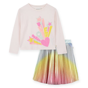 Billieblush Girls Love Graphic l/s T-Shirt & Gradient Pleated Skirt Set ~ Light Pink/Multi