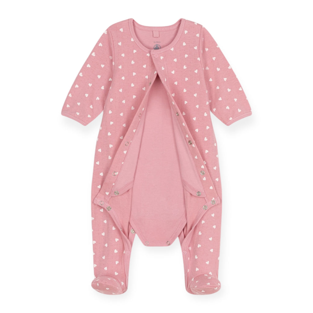 Petit Bateau Front Snap Heart Print Footie w/ Attached Bodysuit ~ Pink/White