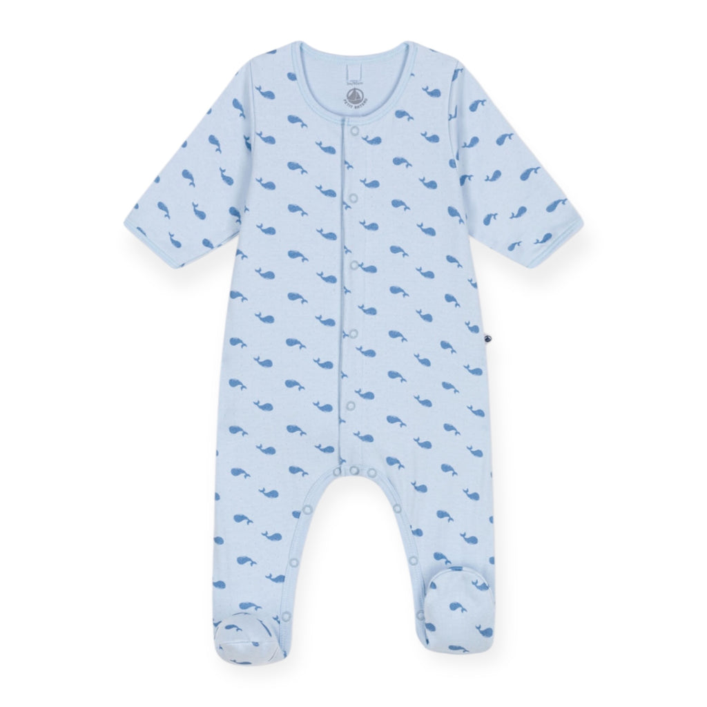 Petit Bateau Front Snap Whale Print Footie w/ With Attached Bodysuit ~ Blue