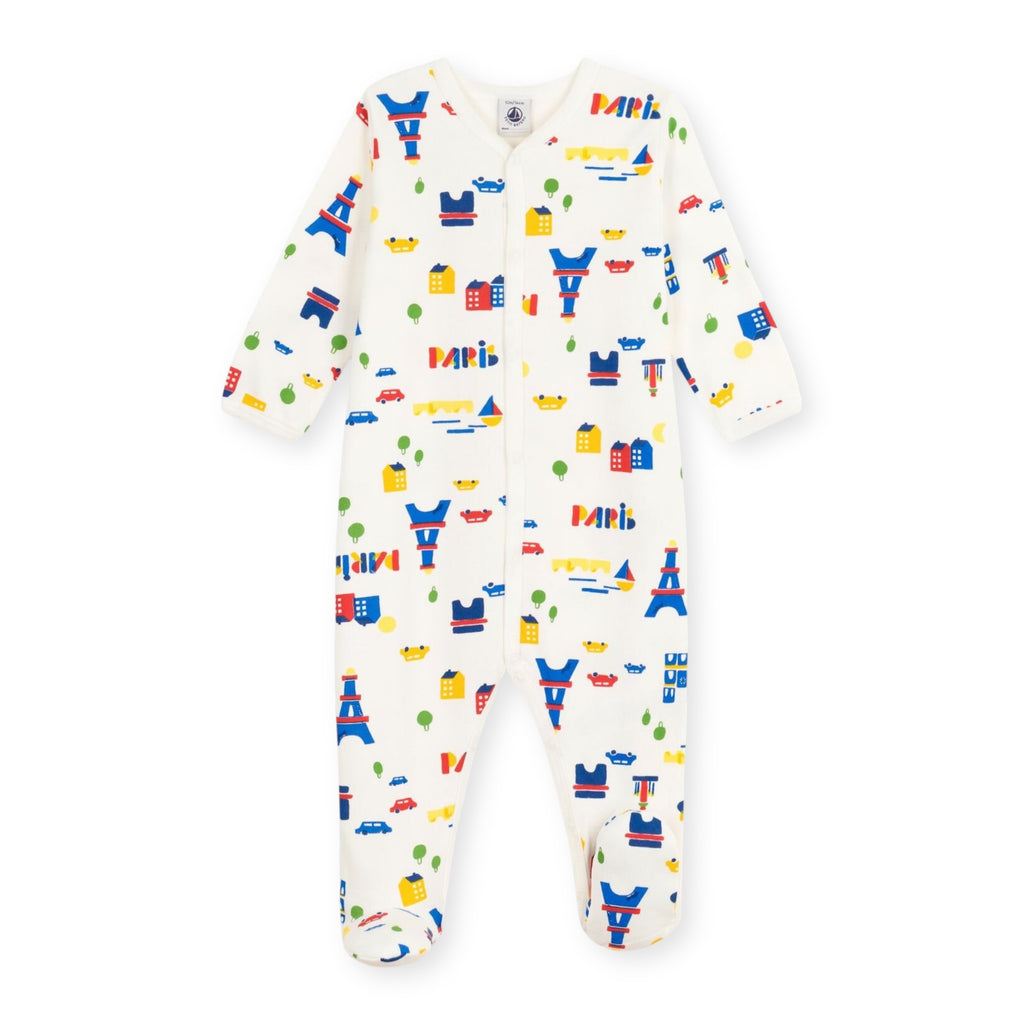Petit Bateau Front Snap Parisian Town Print Brushed Fleece Footie ~ White Multi