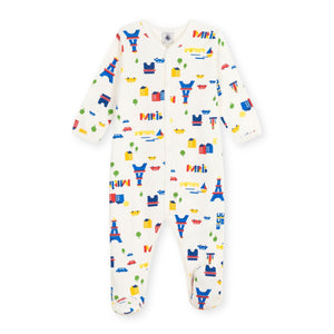 Petit Bateau Front Snap Parisian Town Print Brushed Fleece Footie ~ White Multi