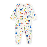 Petit Bateau Front Snap Parisian Town Print Brushed Fleece Footie ~ White Multi