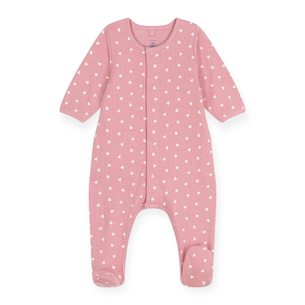 Petit Bateau Front Snap Heart Print Footie w/ Attached Bodysuit ~ Pink/White